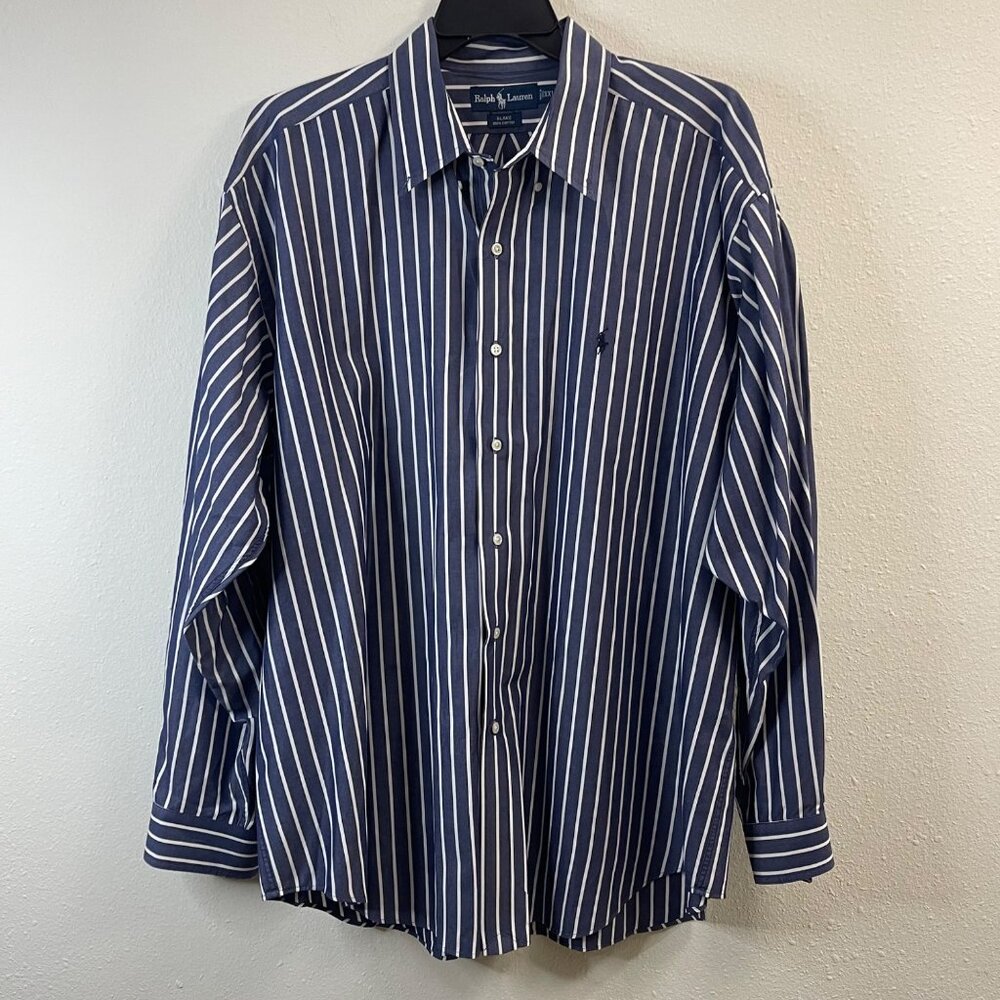Ralph Lauren Mens XXL Blake Navy & White Striped Button-Up Shirt 100% Cotton - Picture 3 of 13